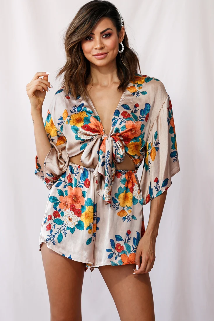 Rivera Tie-Knot Bell Sleeve Romper Mocha - Seraphlike