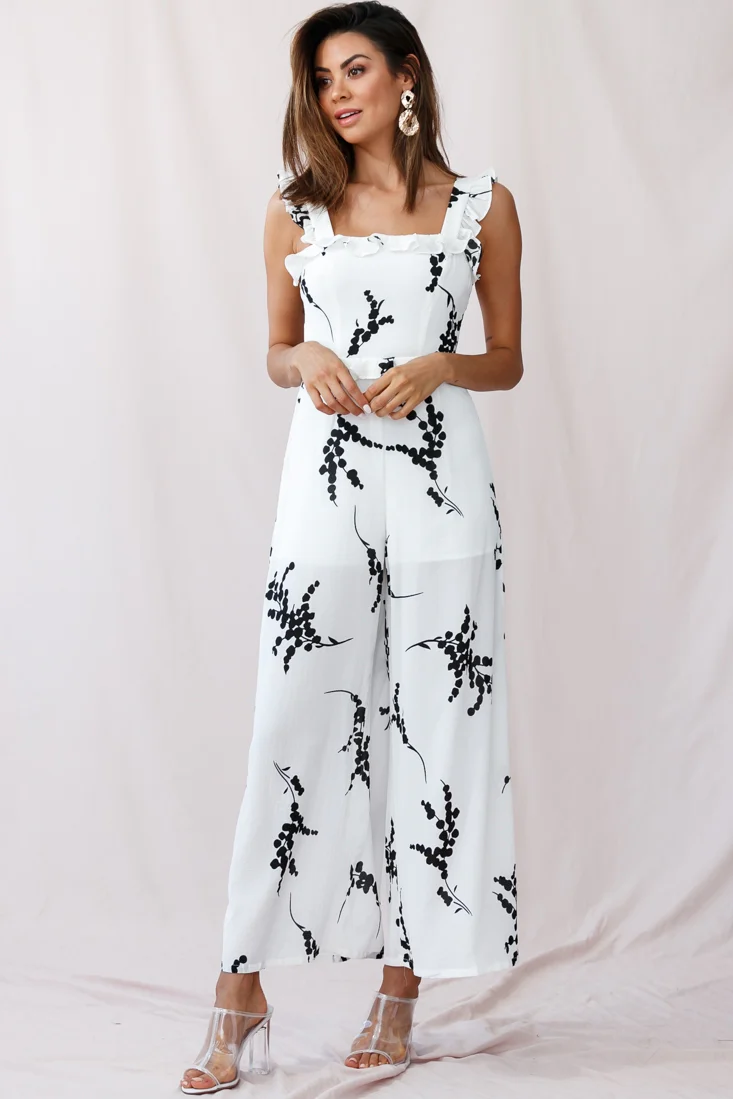 Azure Frill Strap Wide Leg Jumpsuit Floral Print White - Seraphlike
