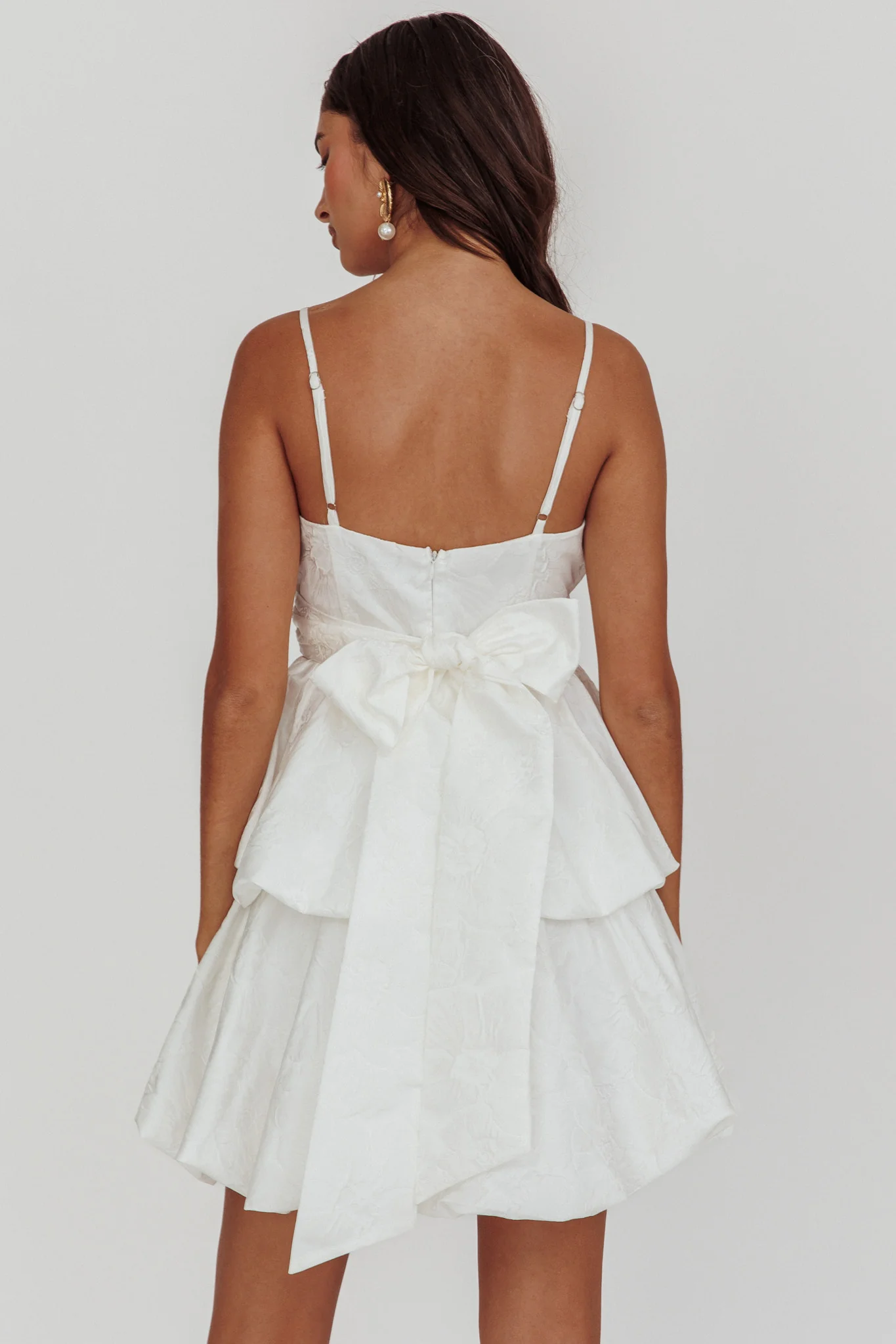 Zilara Bubble Hem Bow Mini Dress Jacquard White - Seraphlike