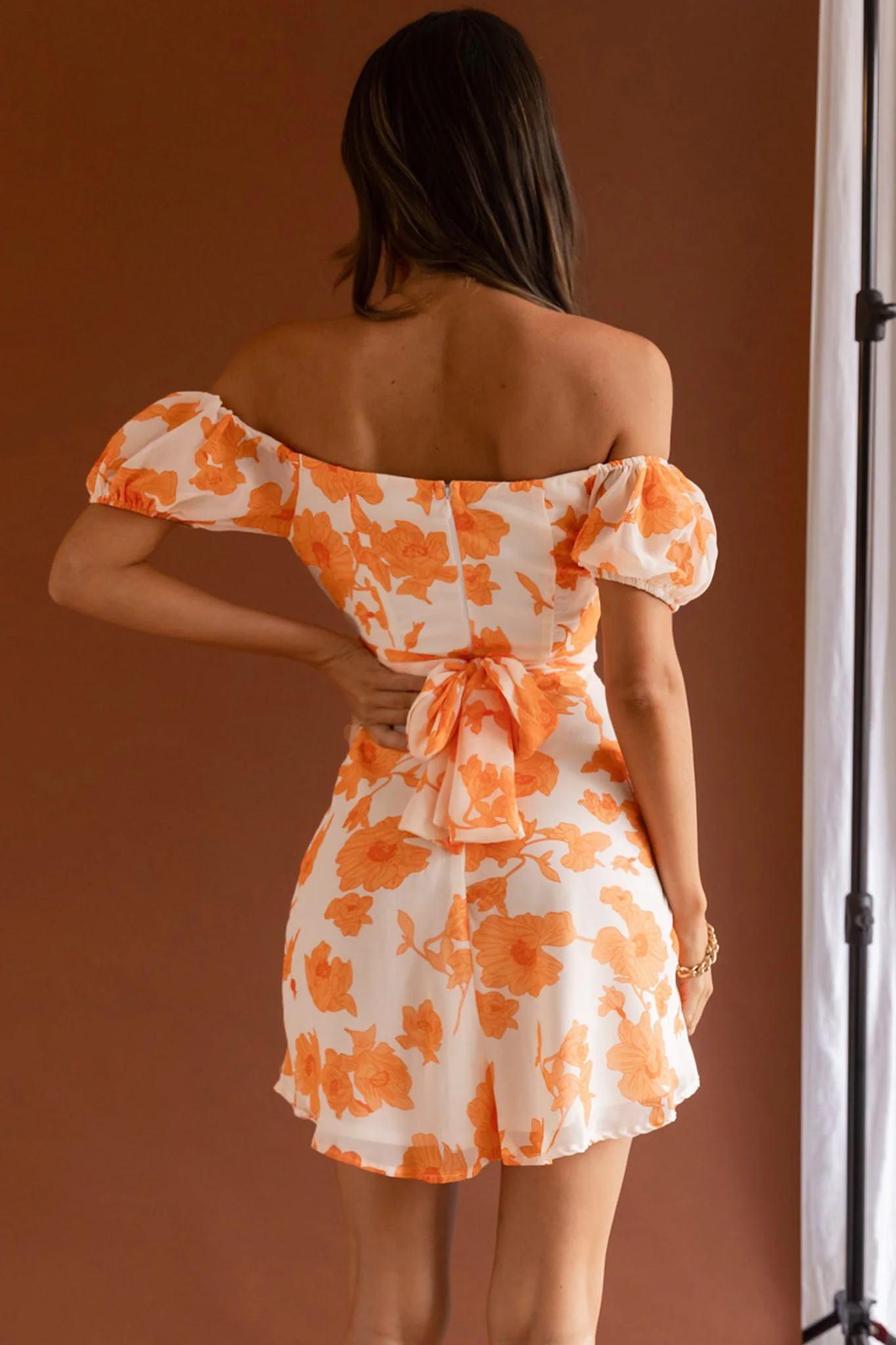 Linka Puff Sleeve Waist Tie Dress Floral Orange - Seraphlike