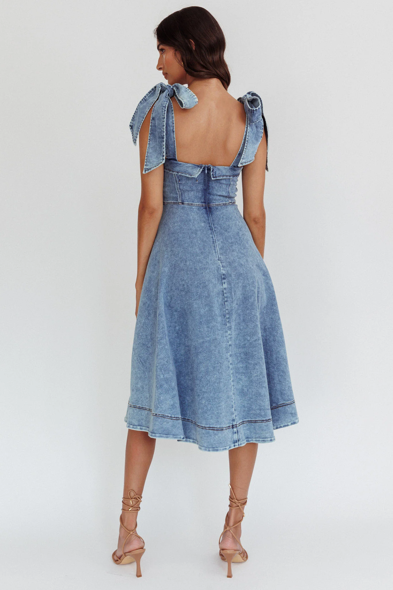 Jeanie Bow Shoulder Midi Dress Wash Denim Blue - Seraphlike