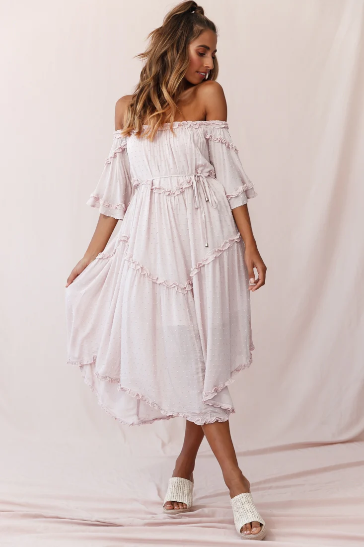 Renoir Off-Shoulder Frill Trim Midi Dress Mauve - Seraphlike