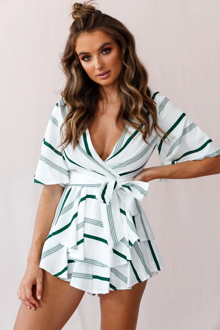 Happy Hour Deep V-Neckline Open Back Romper Green - Seraphlike