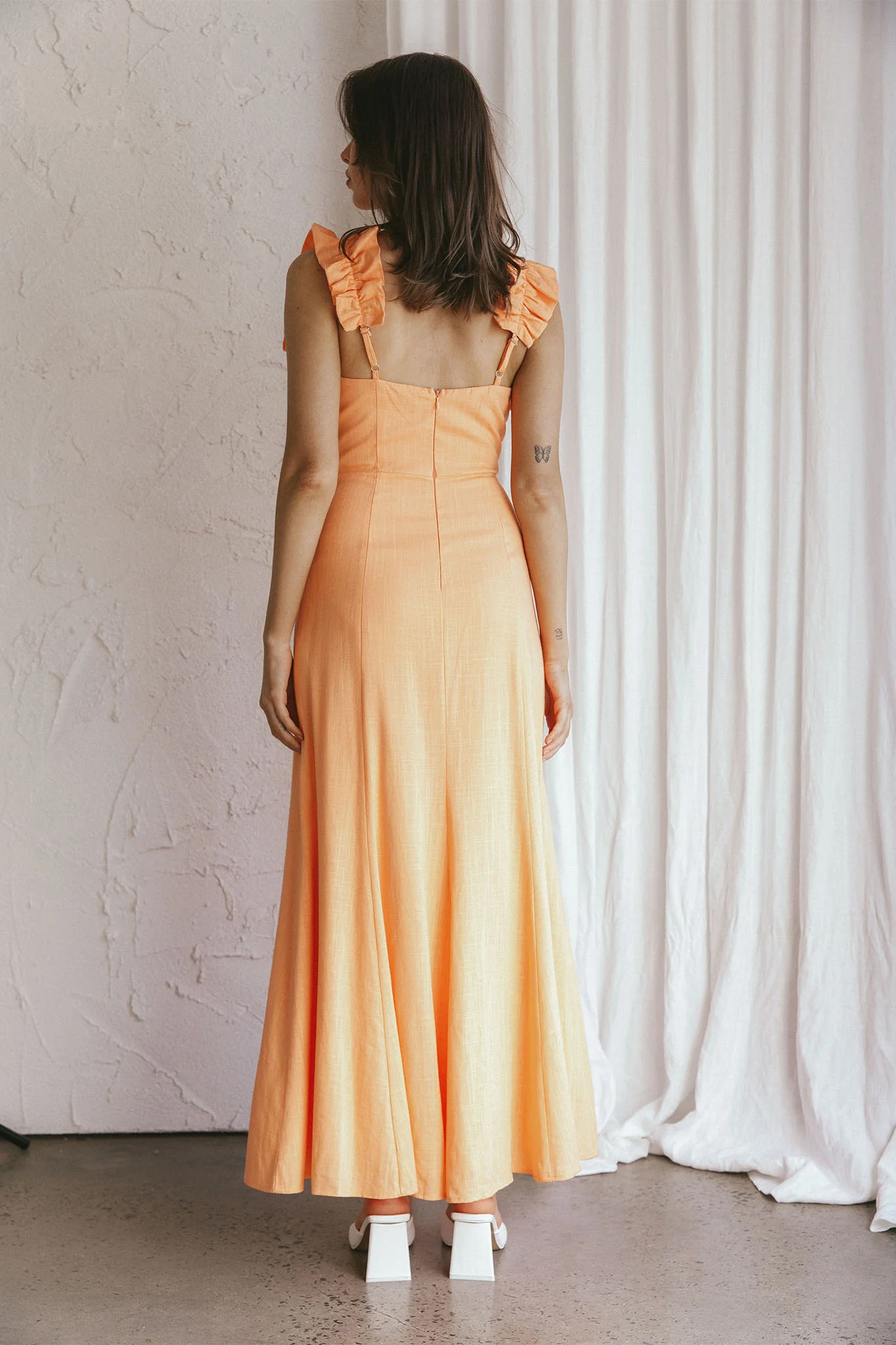 Bronte Ruffle Strap Midi Dress Papaya - Seraphlike