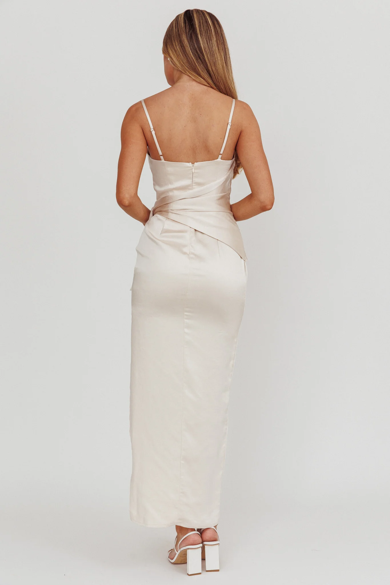 Celestine Waist Tie Satin Maxi Dress Light Champagne - Seraphlike