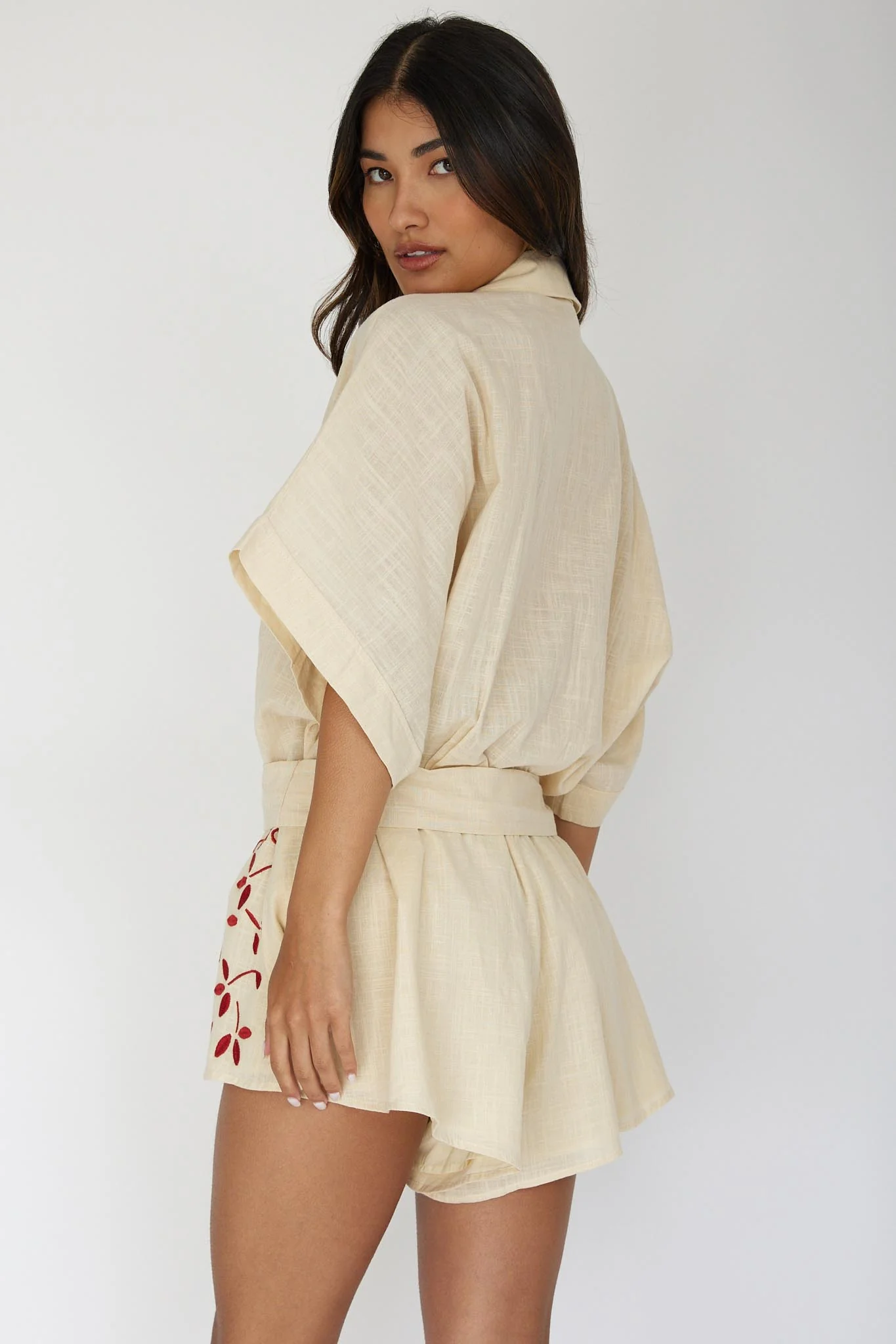 Daytona Beach Button-Up Romper Embroidered Oat - Seraphlike