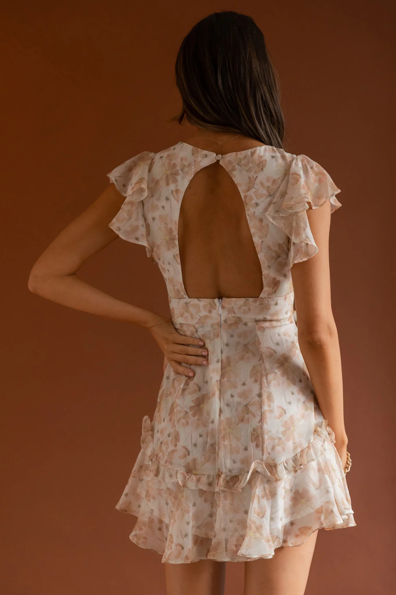 New Dawn Frill Shoulder Mini Dress Floral Mocha - Seraphlike