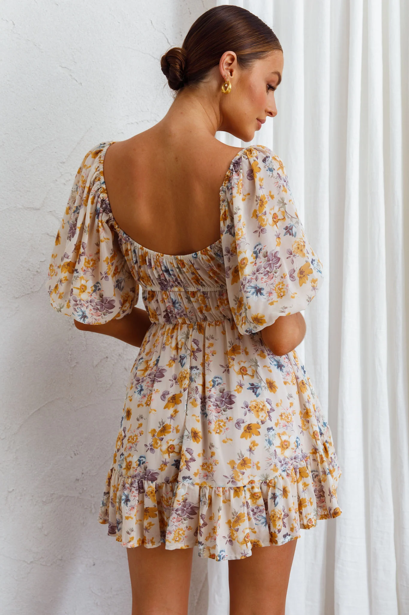 Vista Del Mar Tied Bust Mini Dress Floral Beige - Seraphlike