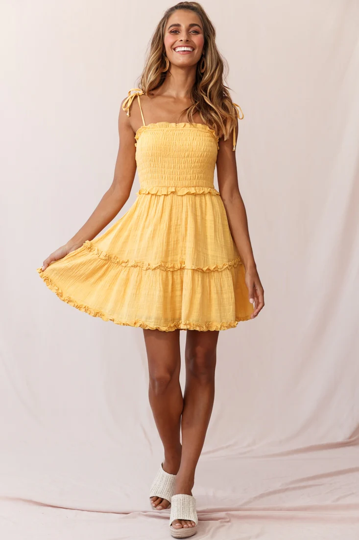 Sherry Tied Shoulder Shirred Bust Dress Yellow - Seraphlike