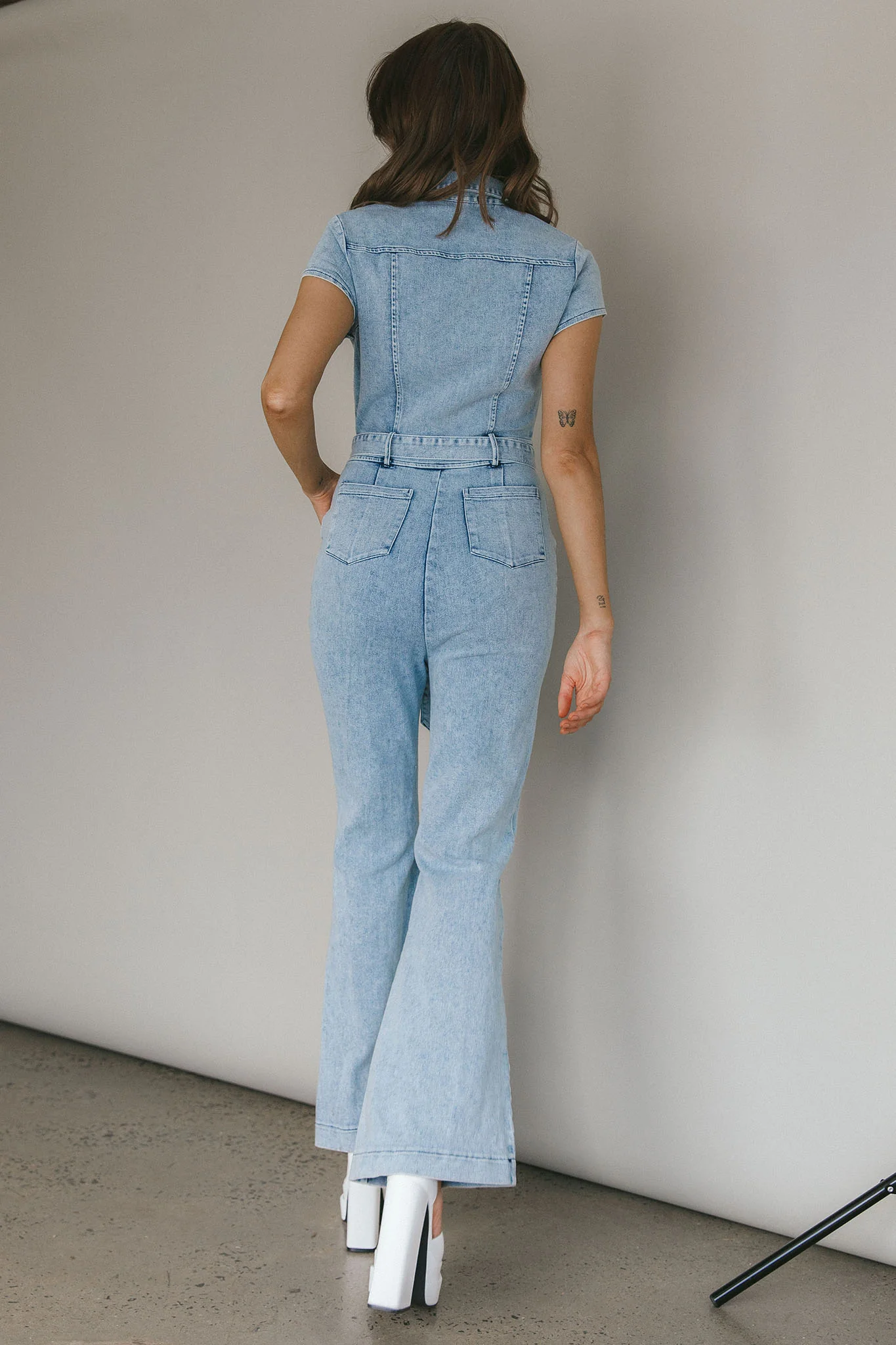 California Girl Short Sleeve Waist Tie Jumpsuit Denim Blue - Seraphlike