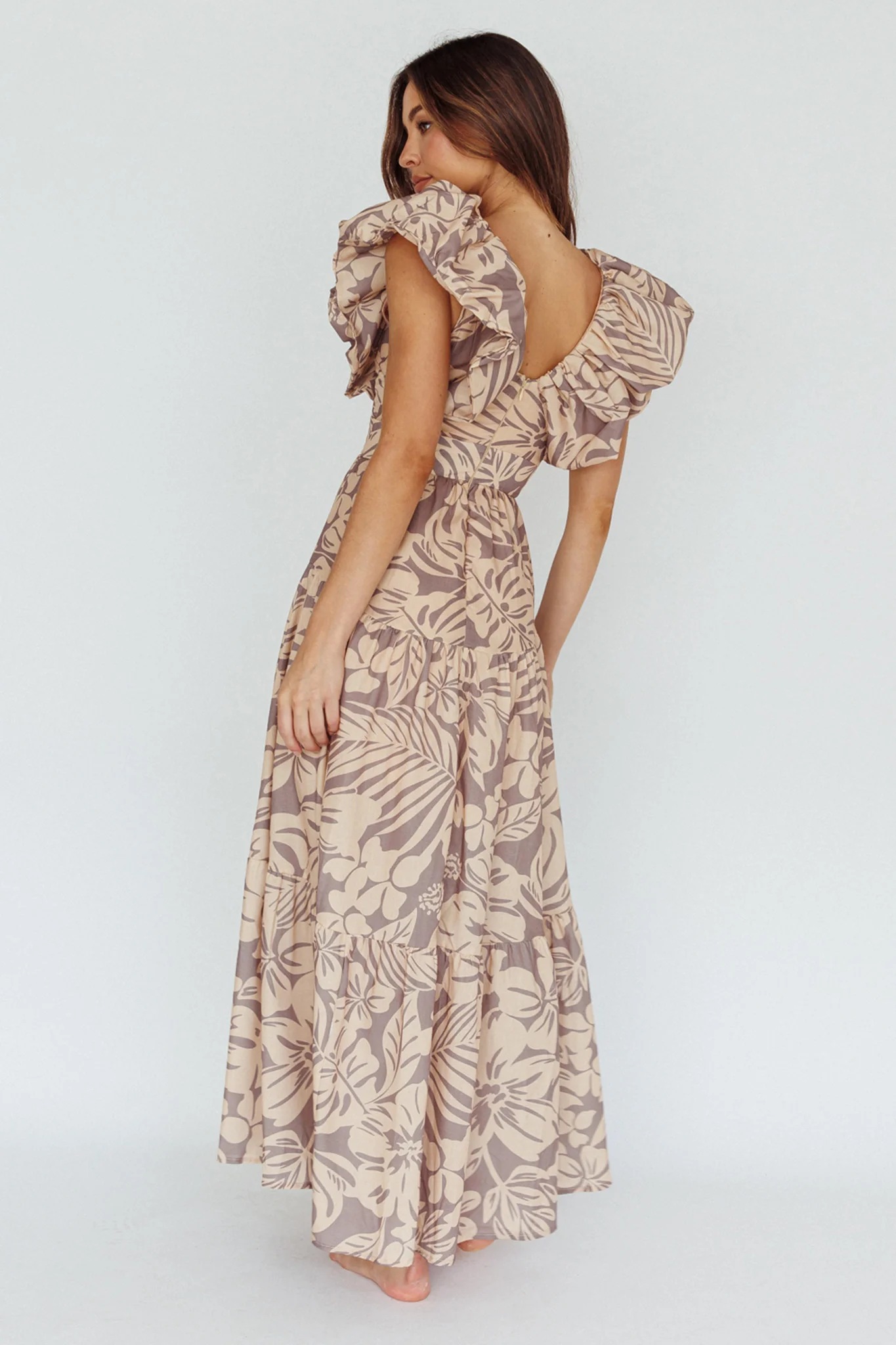 Kahlo Puffed Ruffle Neckline Maxi Dress Print Beige - Seraphlike