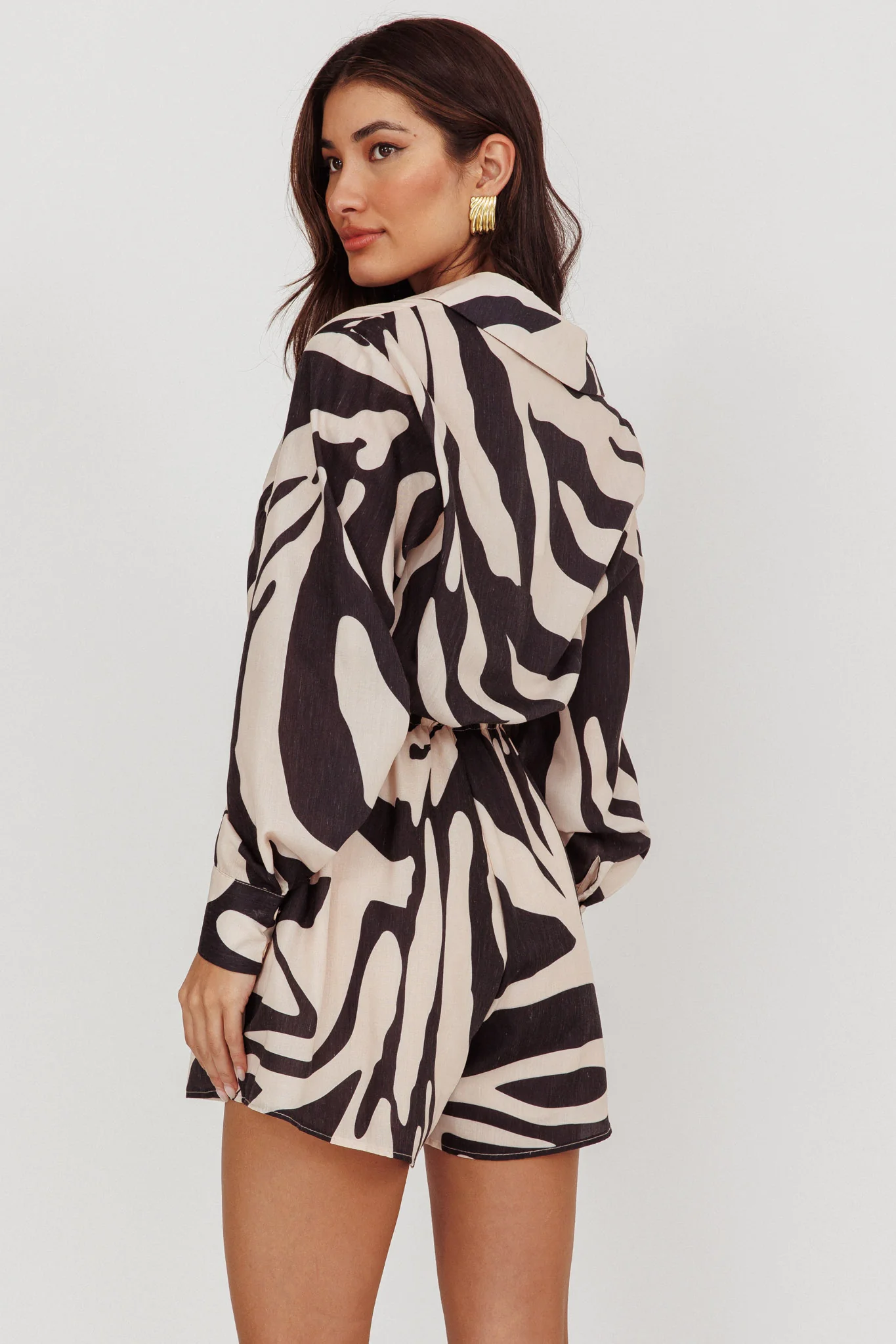 Tiki Long Sleeve Romper Print Beige - Seraphlike