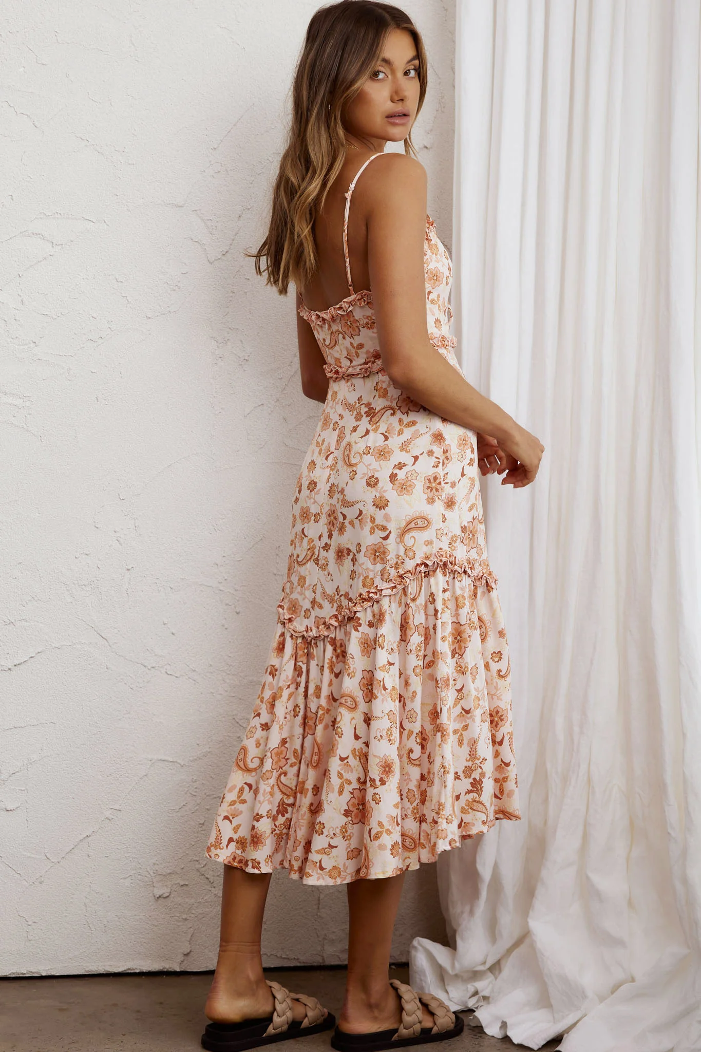 Stealing Kisses Frill Trim Midi Dress Paisley Beige Multi - Seraphlike