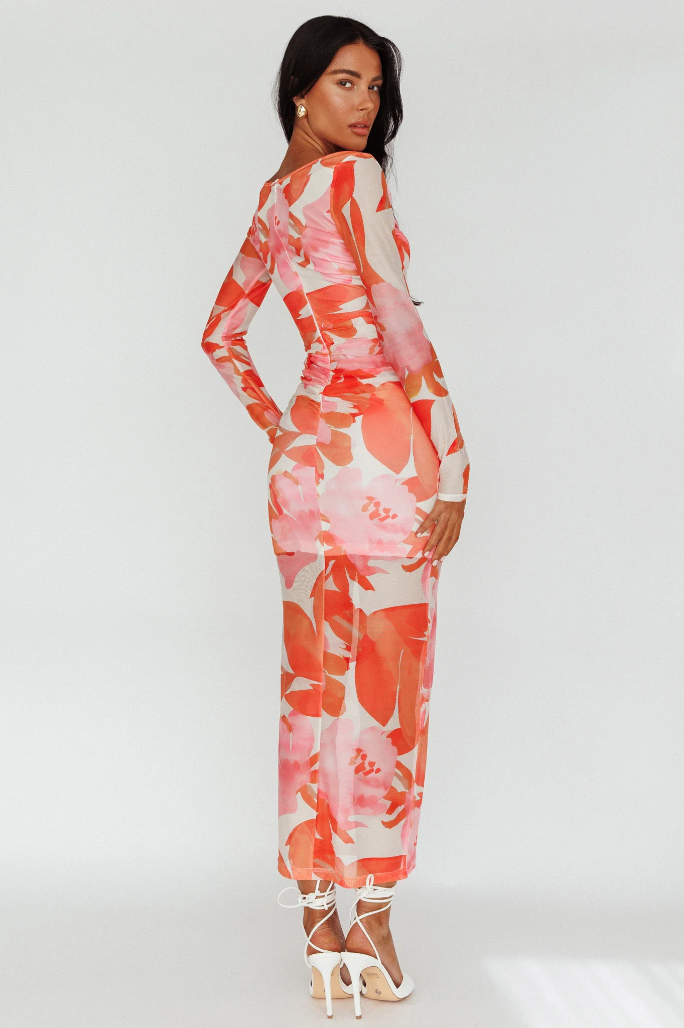 Chardae Long Sleeve Mesh Midi Dress Floral Pink - Seraphlike