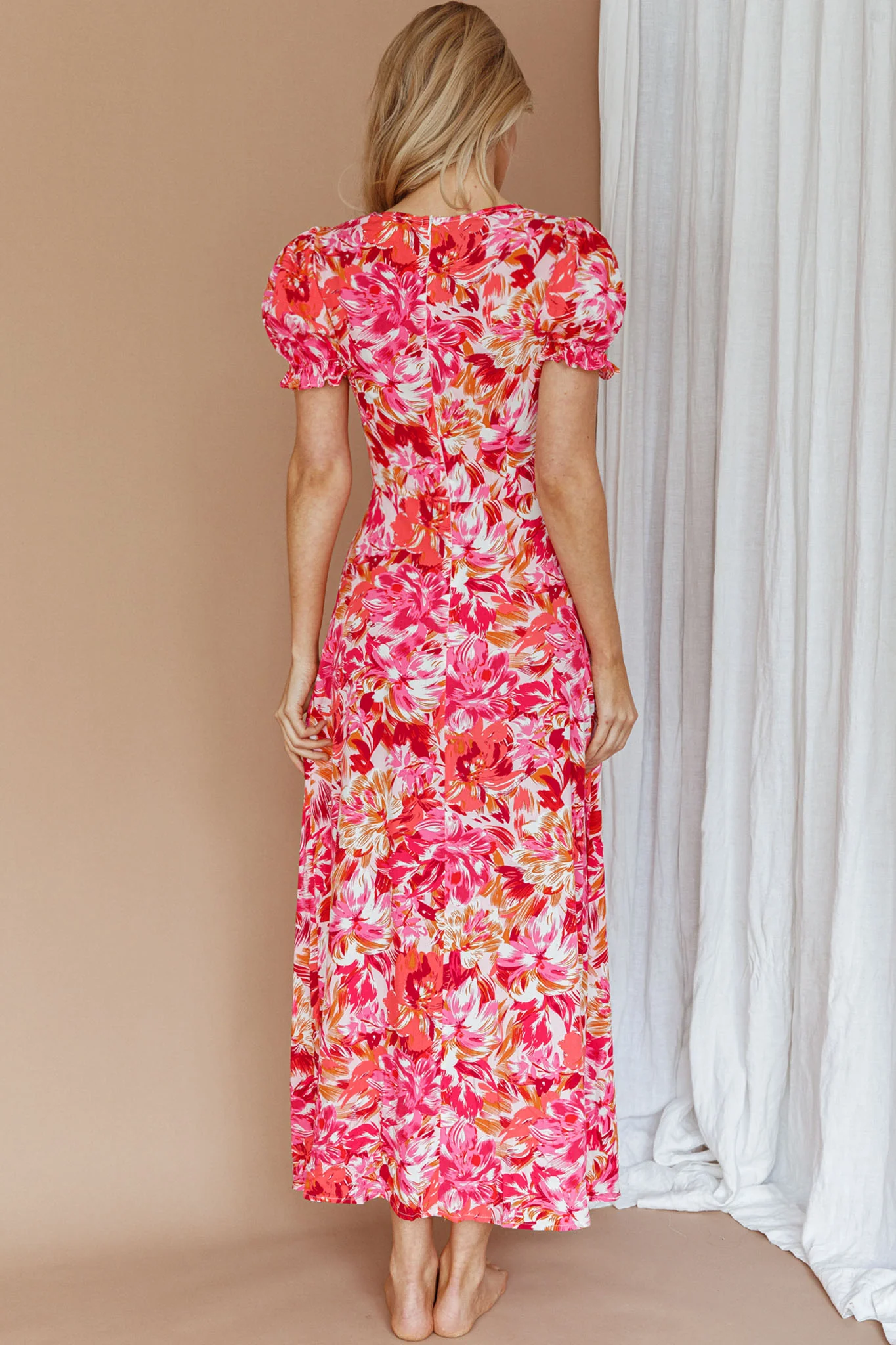 Montebello Puff Sleeve Maxi Dress Floral Pink/Orange - Seraphlike