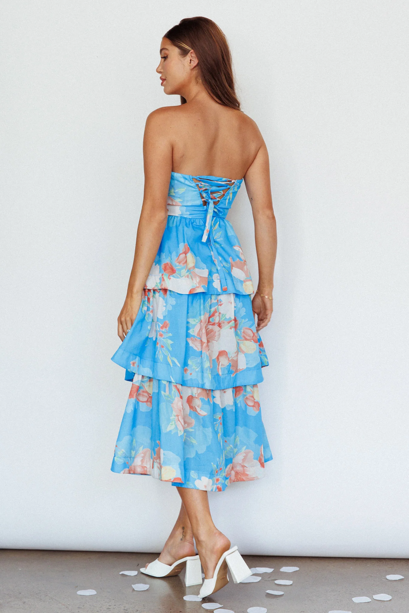 Outshine Strapless Tiered Midi Dress Floral Blue - Seraphlike