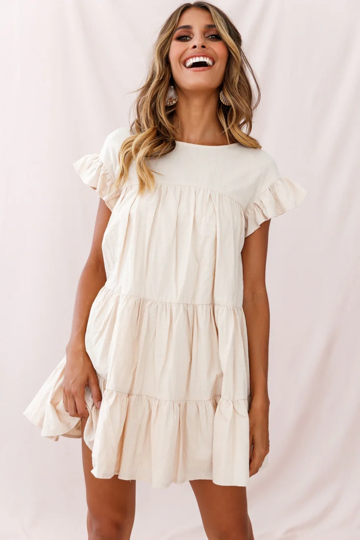 Hyacinth Ruffle Sleeve Smock Dress Beige - Seraphlike