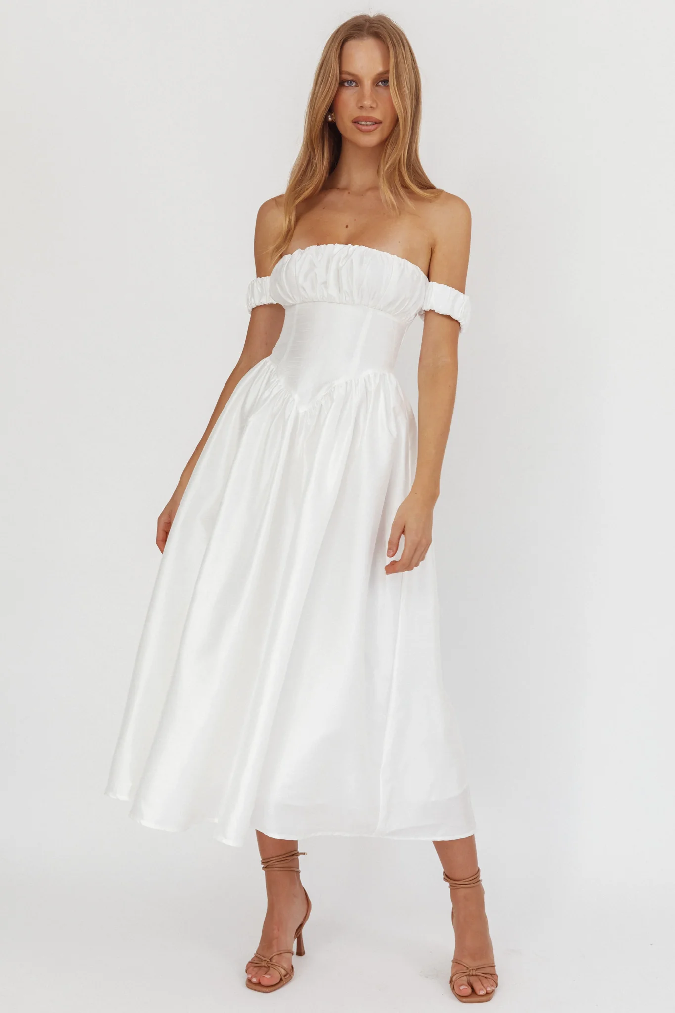 Heavens Above Off-Shoulder Basque Waist Midi Dress Ivory - Seraphlike