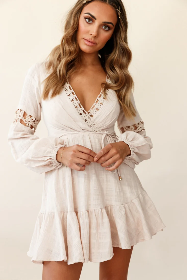 Chloye Long Balloon Sleeve Lace-Up Back Dress Nude - Seraphlike