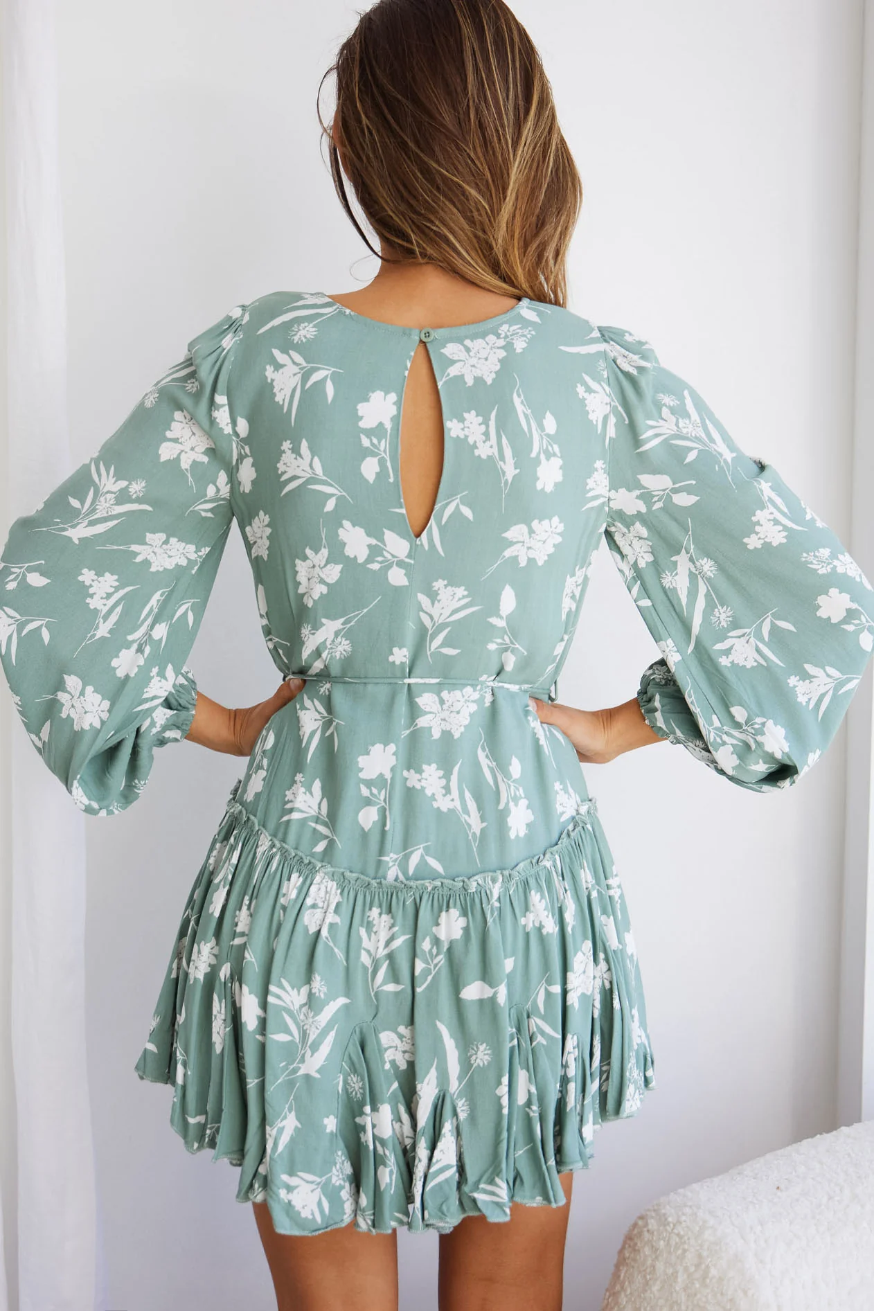 Rosabel Balloon Sleeve Fluted Hem Dress Botanic Print Sage - Seraphlike