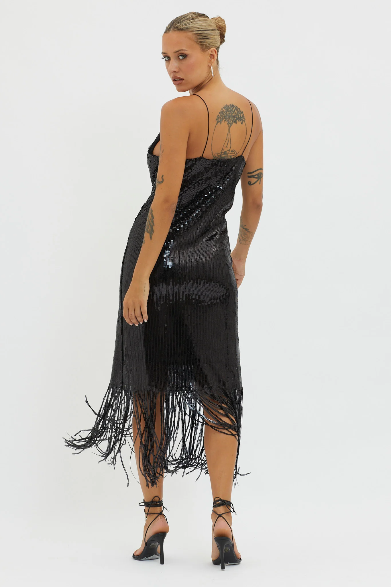 Halo Moon Sequin Fringe Midi Dress Black - Seraphlike