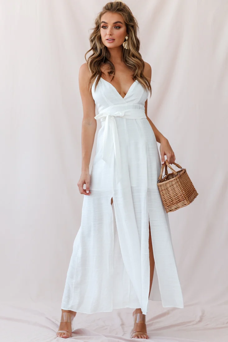 Taylor V-Neck Split Wide Leg Jumpsuit White - Seraphlike