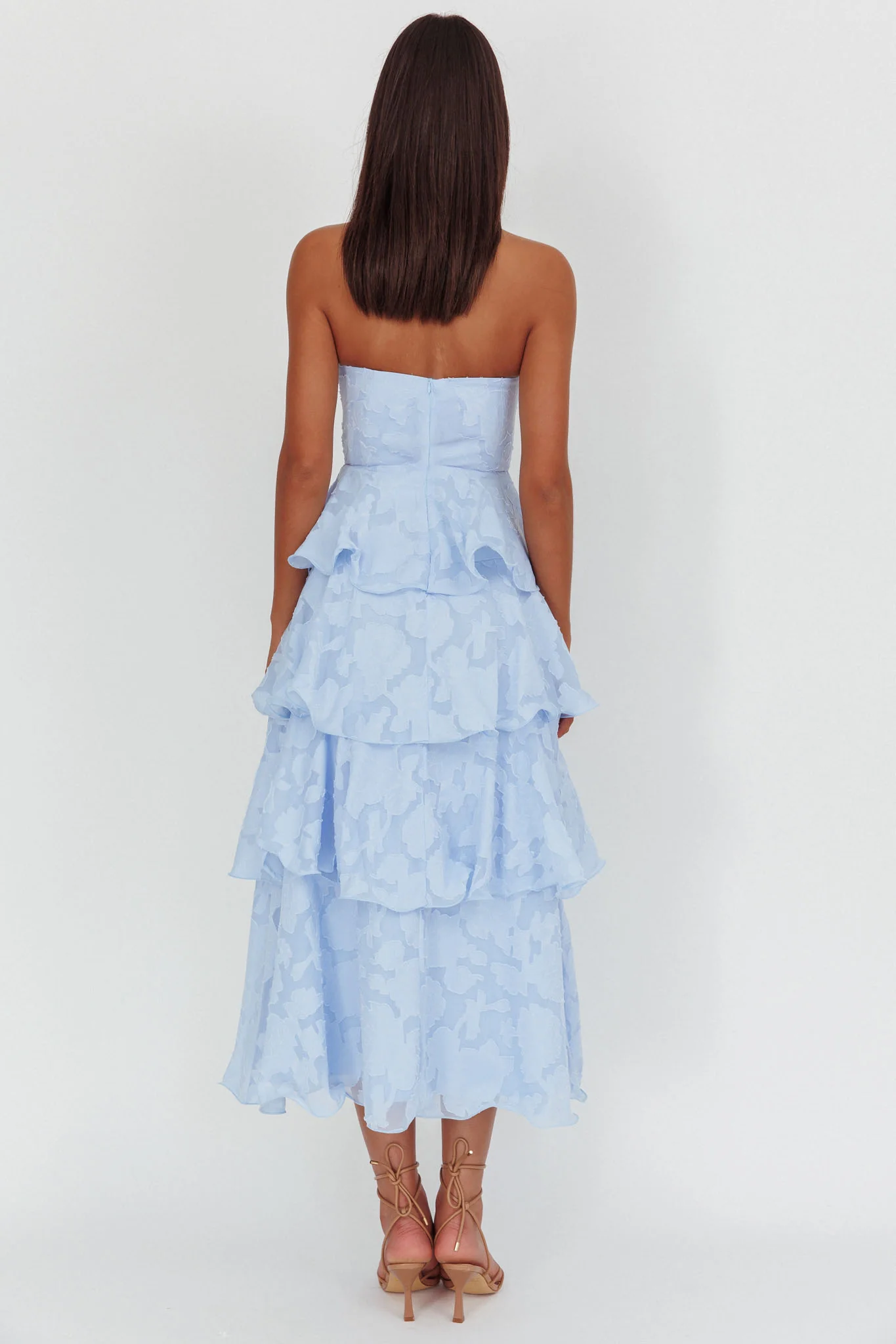 Giavana Strapless Layered Midi Dress Floral Embossed Blue - Seraphlike