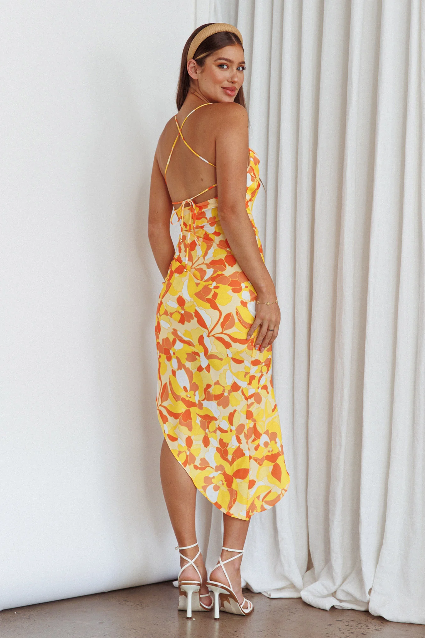 Klara Thigh Split Midi Dress Print Yellow - Seraphlike