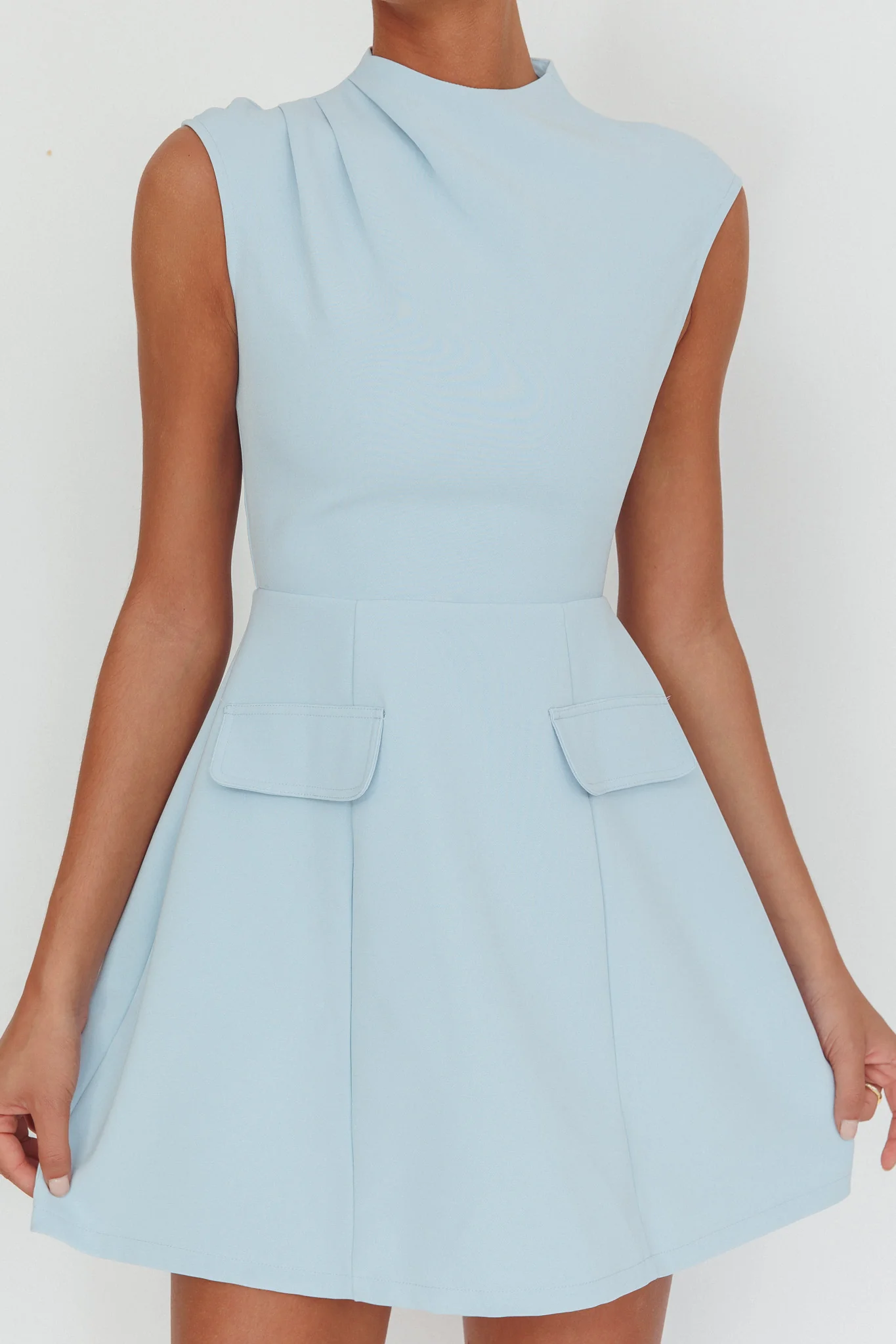 Thandi Pleat Shoulder Faux Pocket Mini Dress Steel Blue - Seraphlike