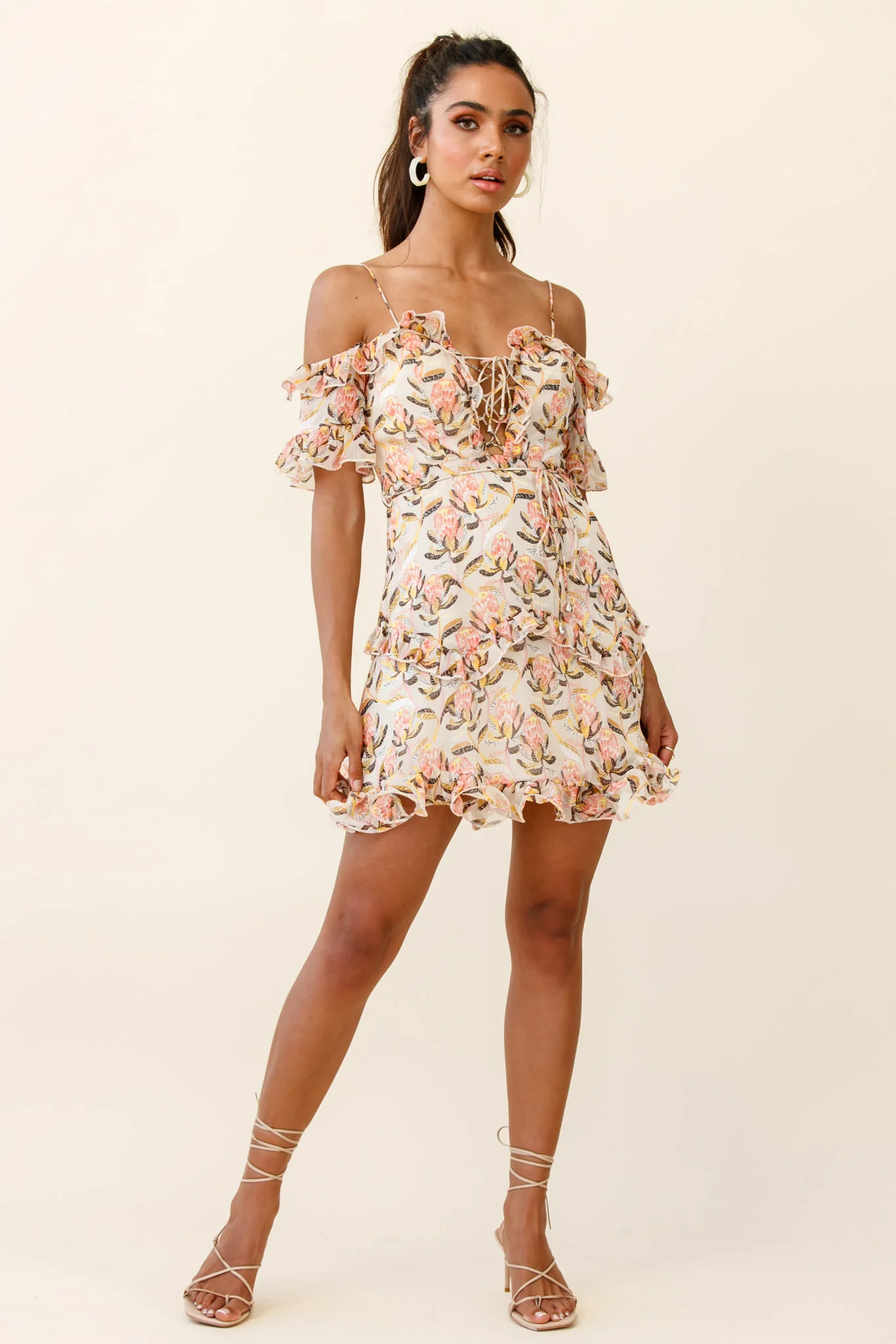 Maranda Bardot Lace-Up Bust Dress Banksia Print Dress Nude - Seraphlike
