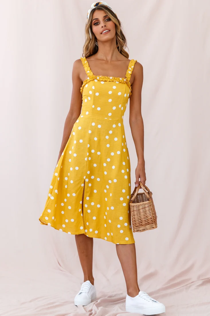 Magdalene Frill Strap A-Line Midi Dress Yellow Mustard - Seraphlike