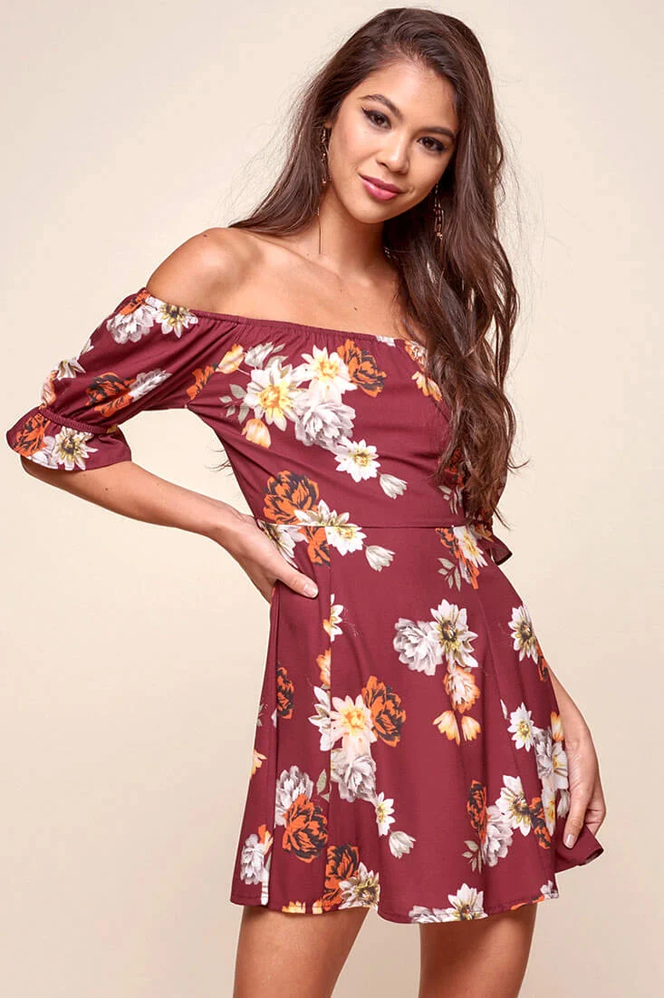 Hera Off the Shoulder Fit and Flare Floral Dress Red - Seraphlike