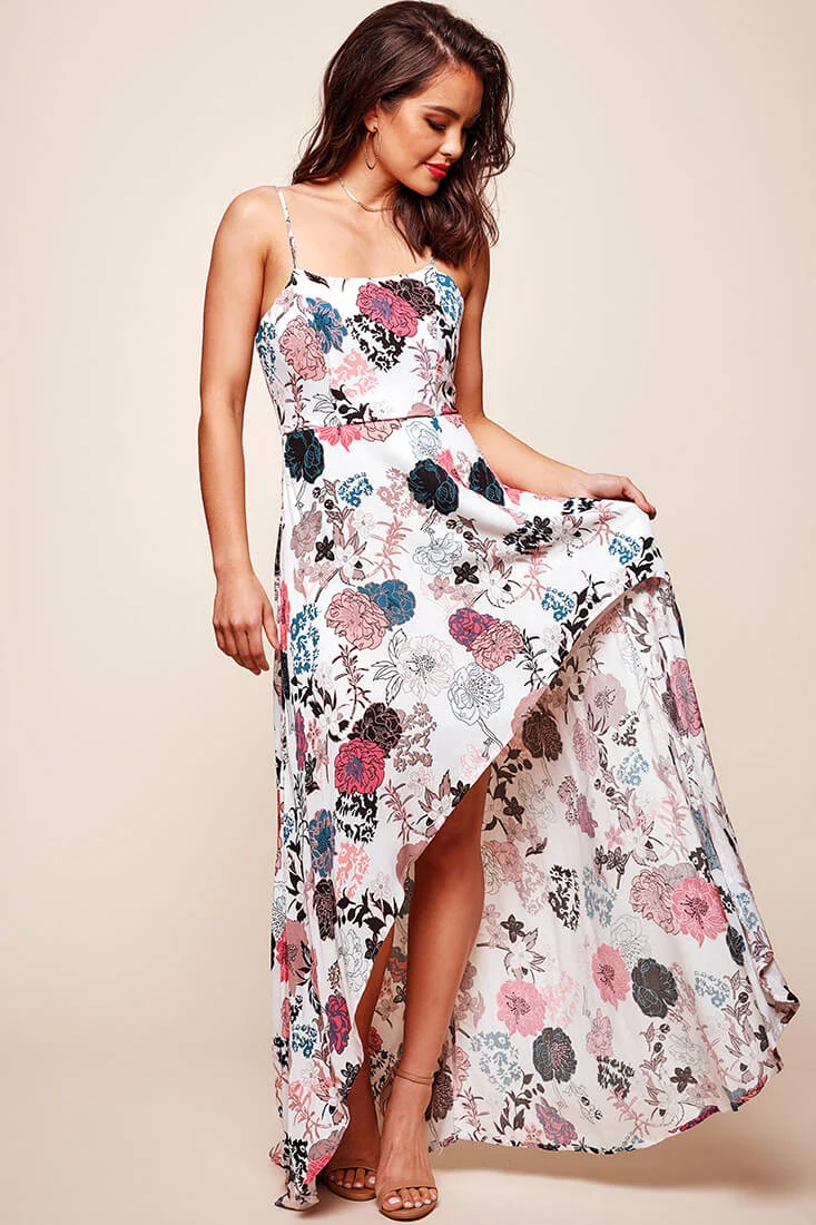 Kelly Floral High-Low Hem Dress White - Seraphlike