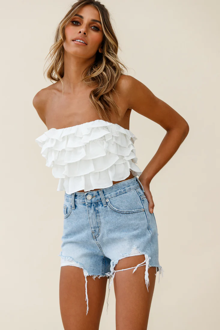 Talulah Layered Ruffle Lace-Up Back Crop Top White - Seraphlike