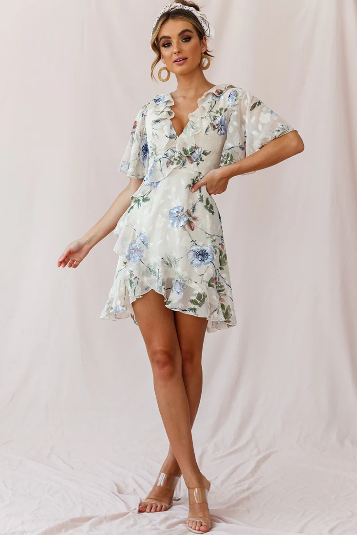 June Angel Sleeve Ruffle Detail Dress Floral Print Beige - Seraphlike