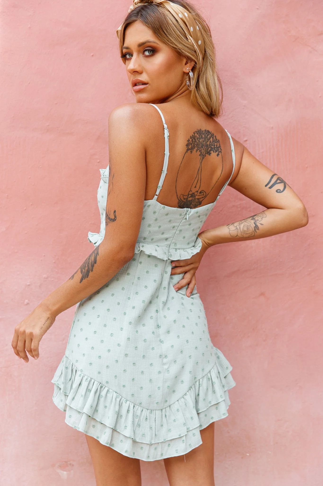 Lady Marmalade String Tie Bust Frill Dress Spotty Olive - Seraphlike