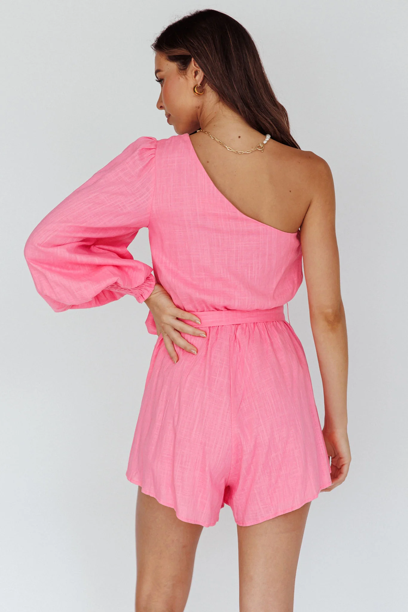 Summer Lover One-Shoulder Long Sleeve Romper Pink - Seraphlike
