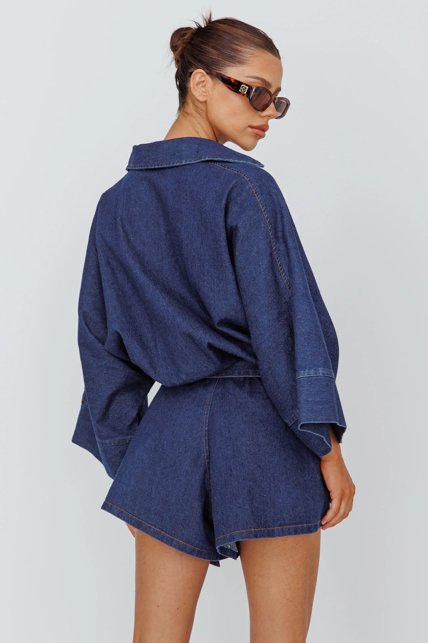 Daytona Beach Long Sleeve Shirt Romper Indigo - Seraphlike
