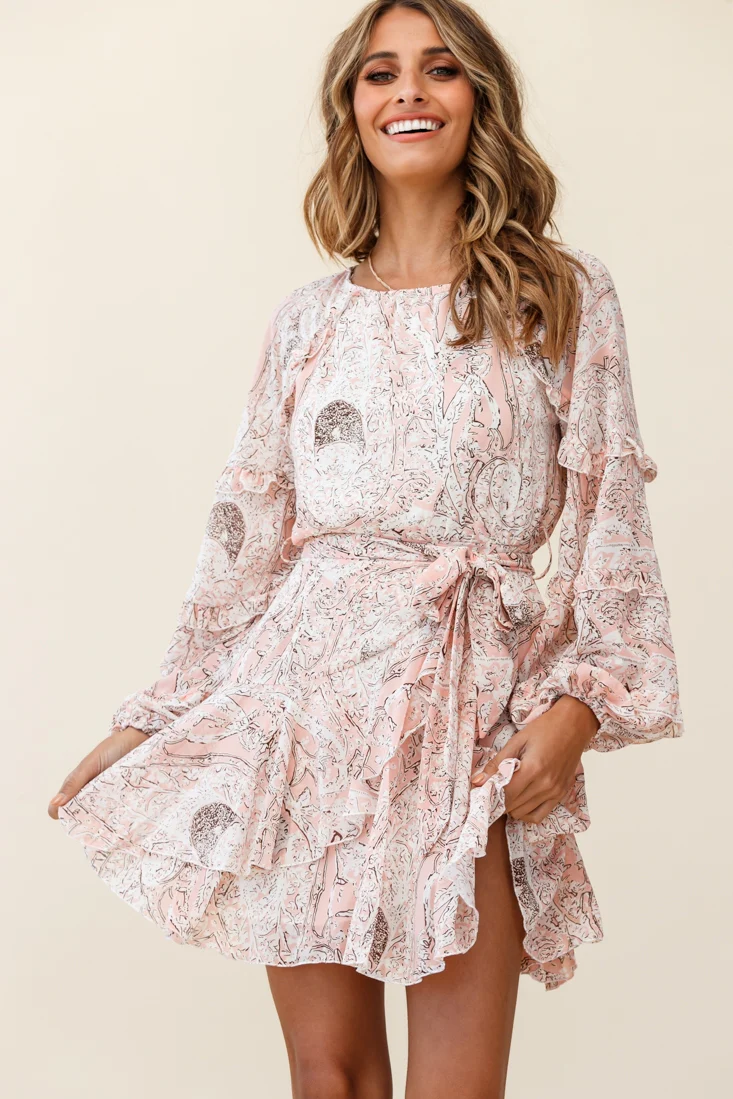 Angelini Long Sleeve Waist Tie Dress Floral Print Pink - Seraphlike