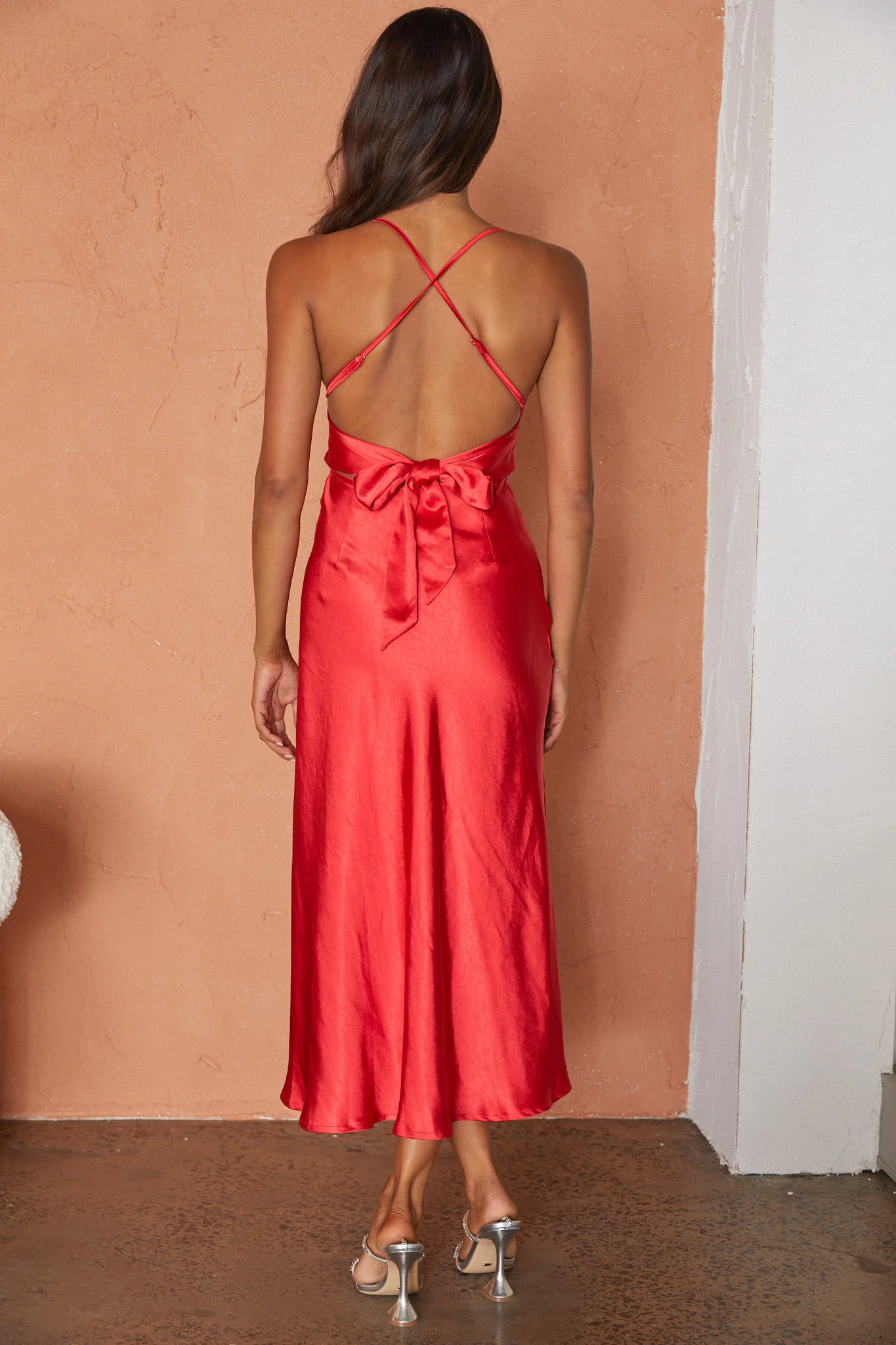 Lakoda Gathered Bust Bow Tie Back Midi Dress Red - Seraphlike