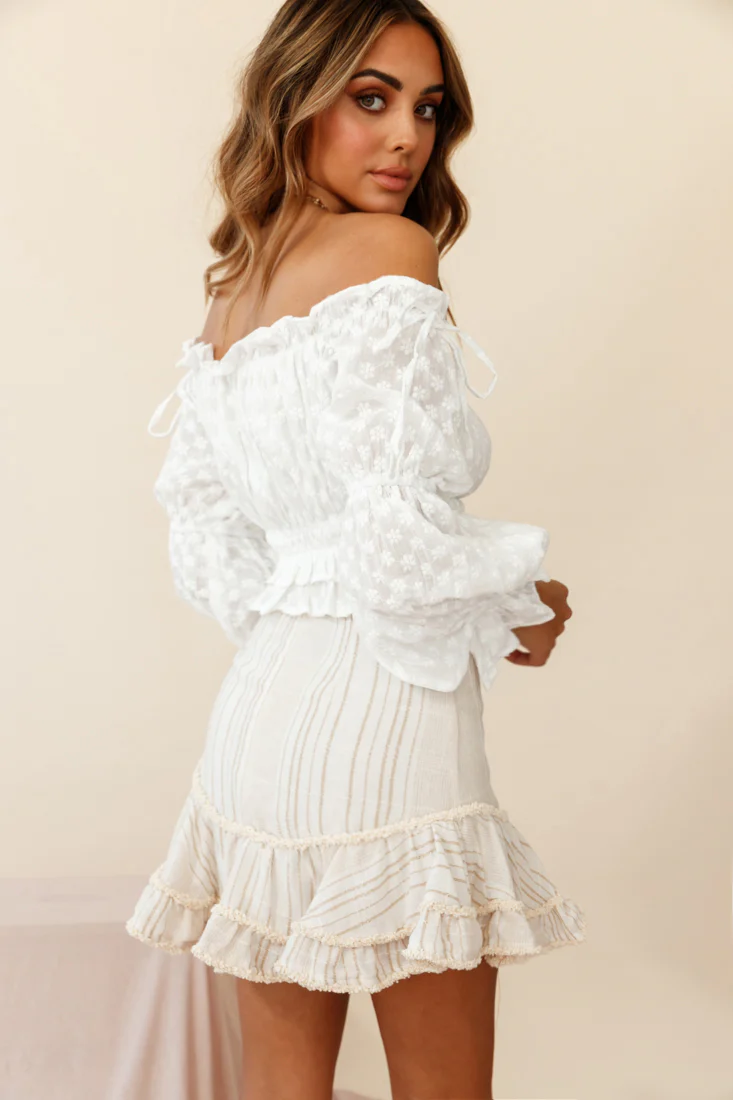 Eve Ruffle Hem Linen Blend Skirt White/Mocha Stripe - Seraphlike