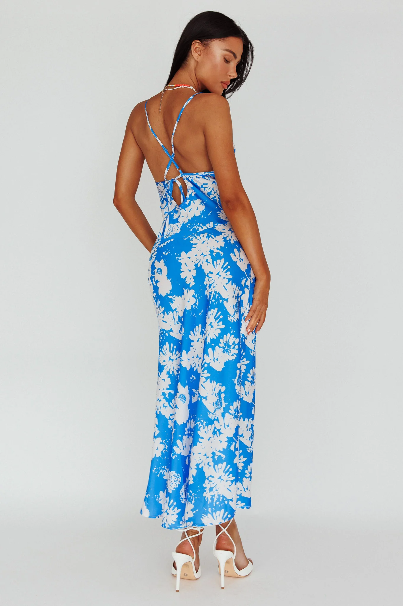 Sherilyn Criss-Cross Back Midi Dress Blue Floral - Seraphlike