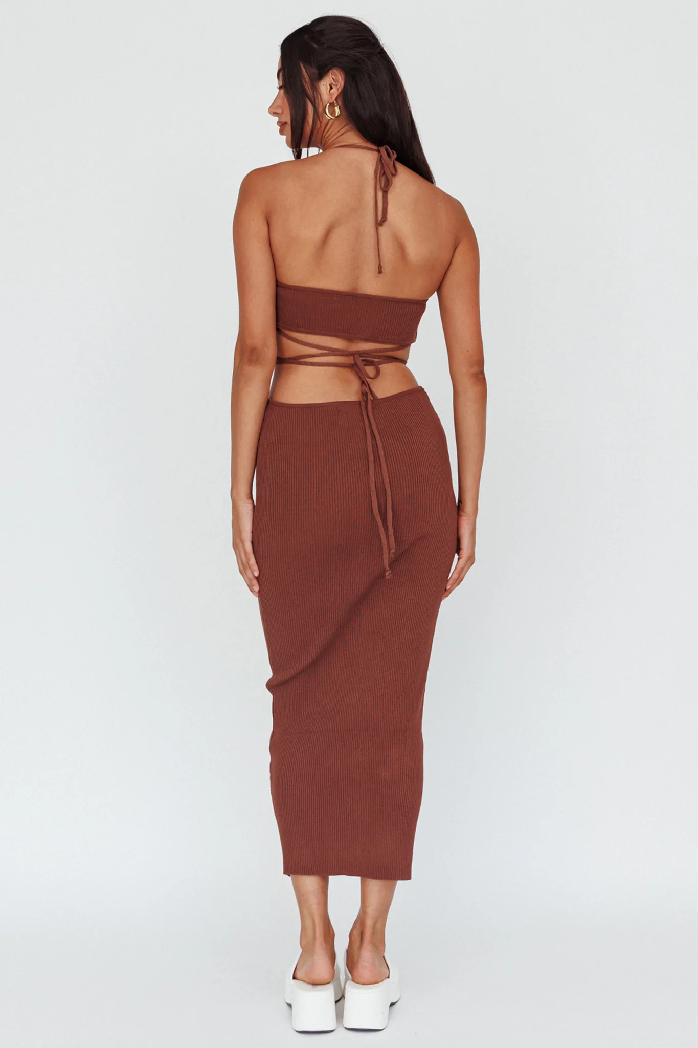 Rue Rose Accent Ribbed Knit Midi Dress Coco - Seraphlike