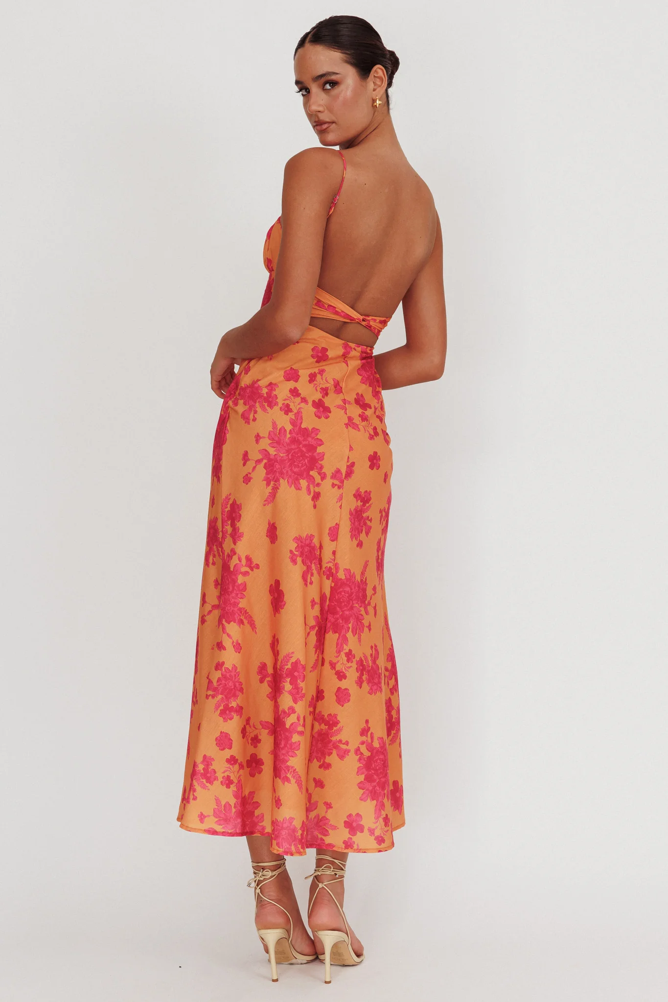 Nerida Low Back Twist Floral Maxi Dress Orange - Seraphlike