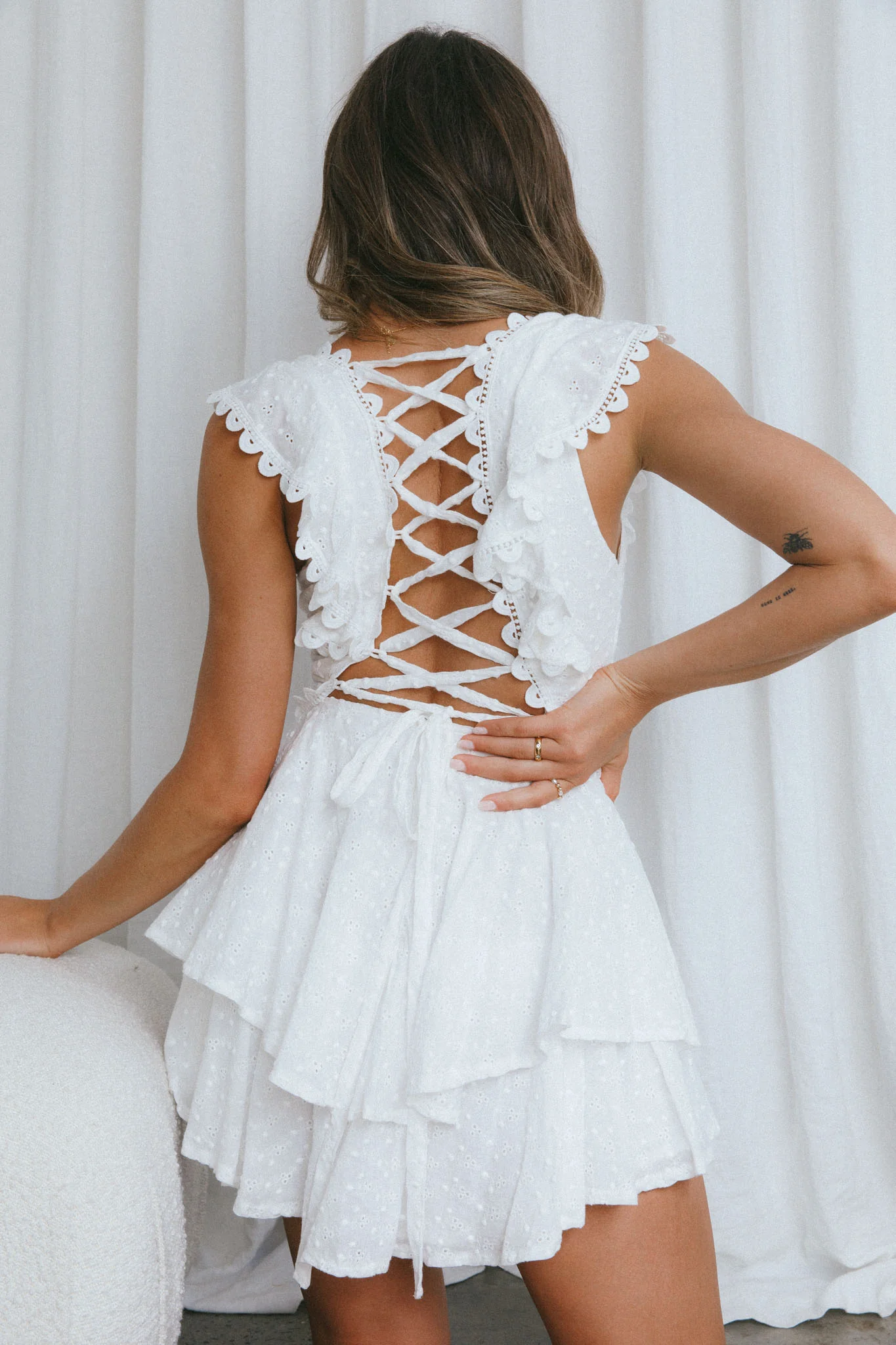 Charade Ruffle Shoulder Corset Back Eyelet Dress White - Seraphlike