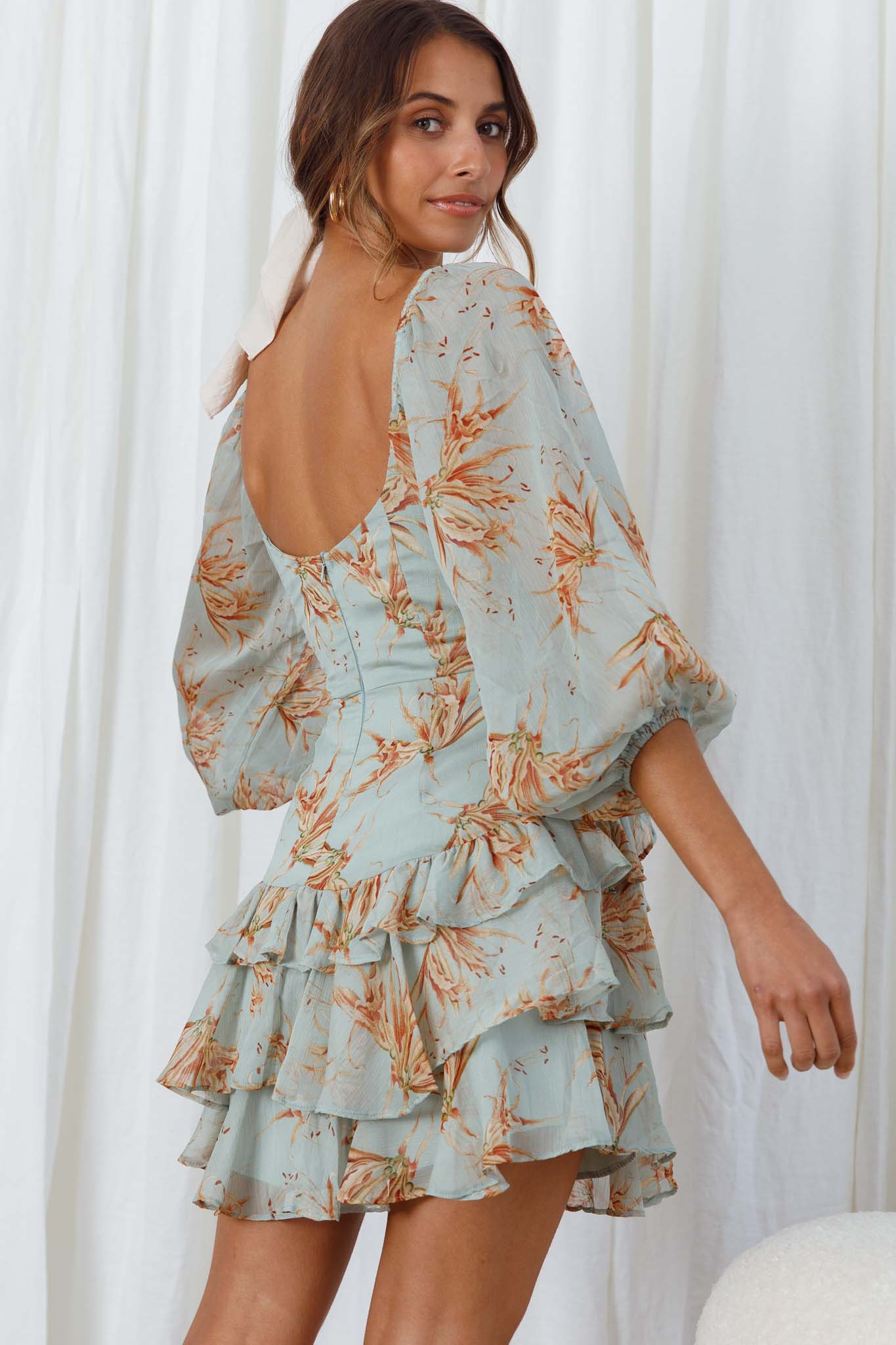 Flower Child Three Quarter Sleeve Bust Tie Ruffle Dress Lily Print Pistachio - Seraphlike