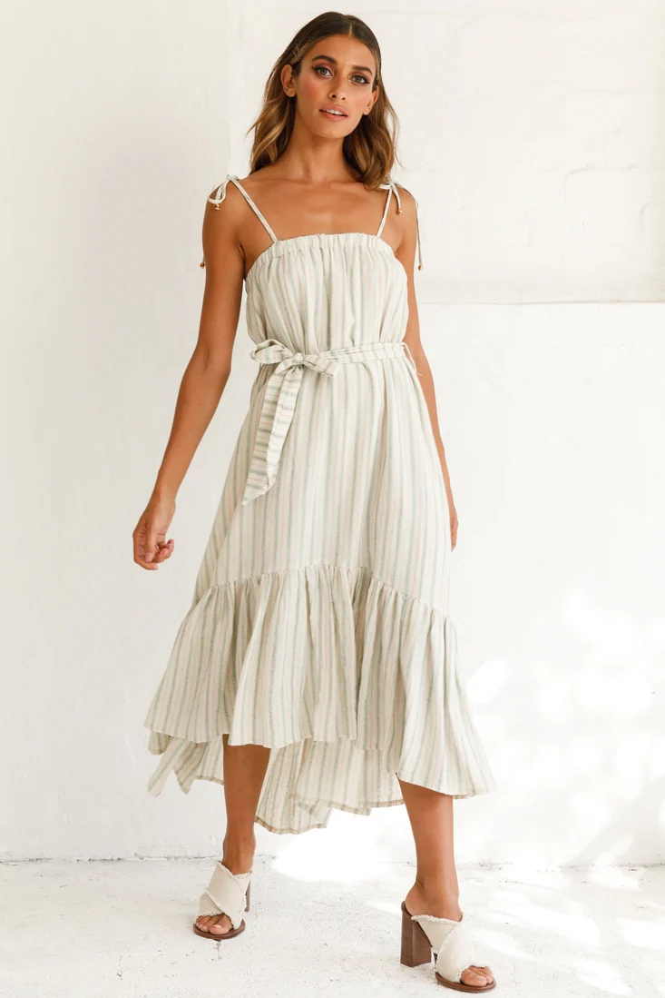 Golden Days Tied-Shoulder Midi Dress Stripe Pattern Olive - Seraphlike