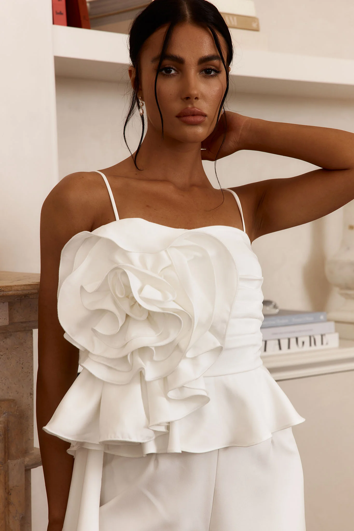 Fallon Ruffle Rose Cami Jumpsuit White - Seraphlike