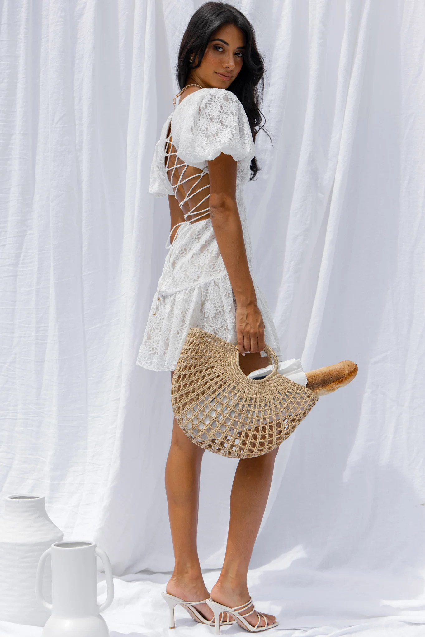 Petite Cherie Puff Sleeve Lace-Up Back Dress Lace White - Seraphlike