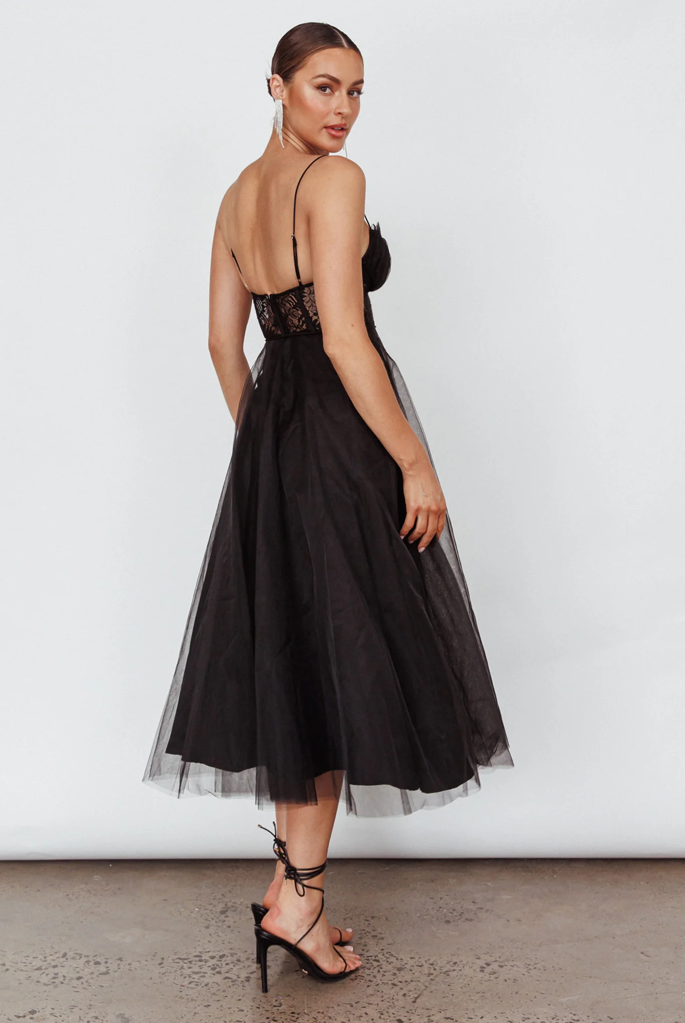 Trophy Lace Bodice Mesh Midi Dress Black - Seraphlike